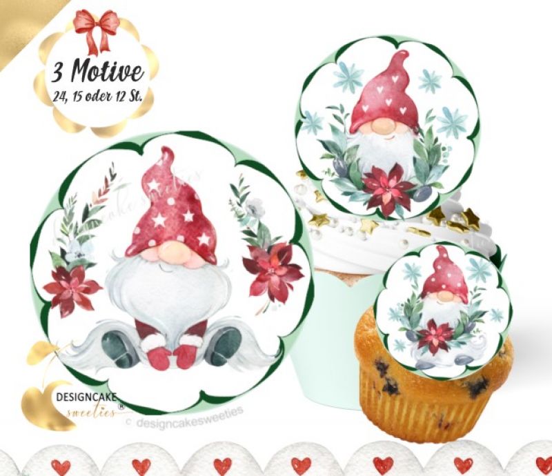Muffin- / Cupcake Aufleger WICHTEL - Gnomes Weihnachten Rote Mützen, essbare Bilder Dekoration Fondantpapier